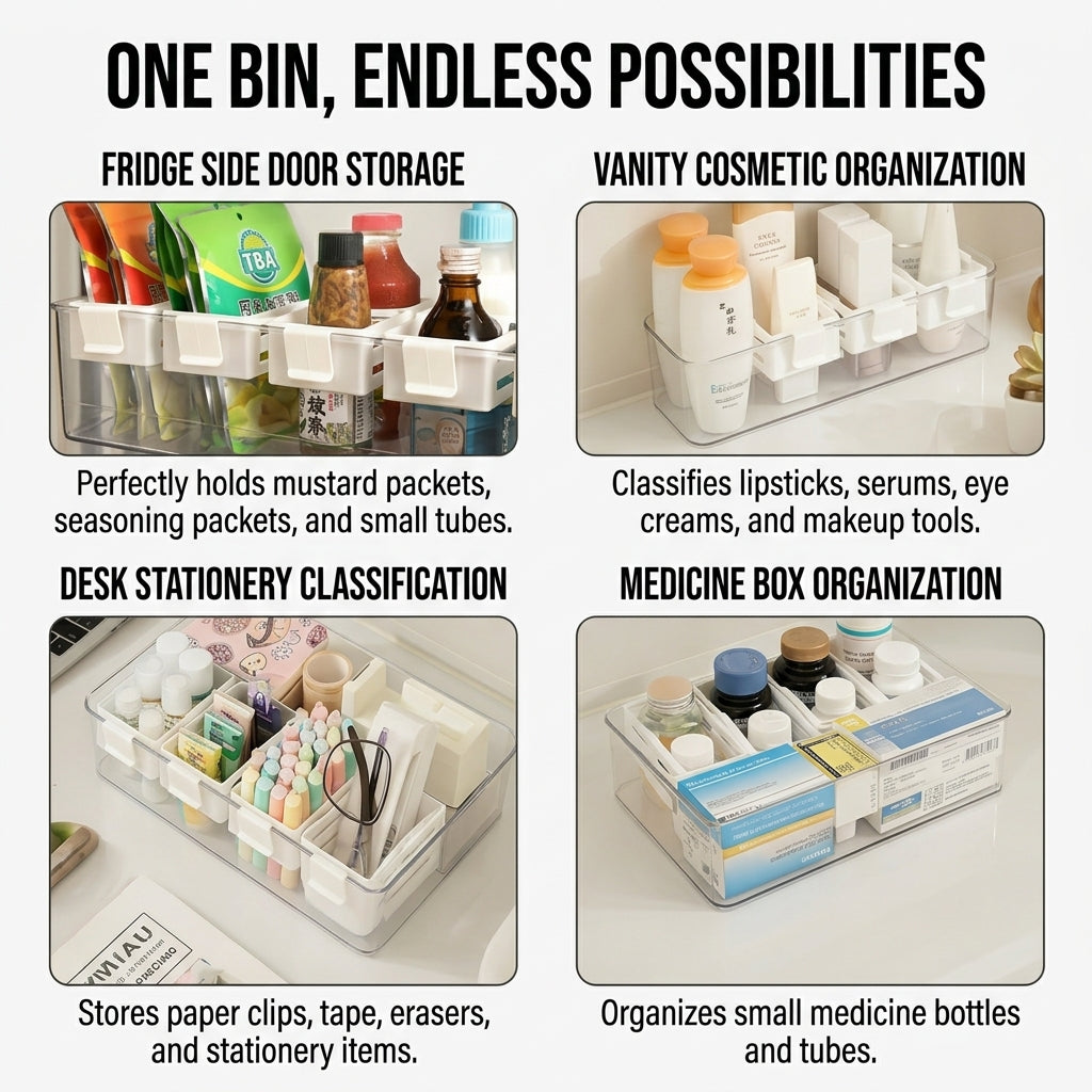 Adjustable Snap-On Hanging Organizer Bin, Expandable Mini Storage Box for Fridge Side Door, Pantry, Cosmetics, Medicine & Office Supplies