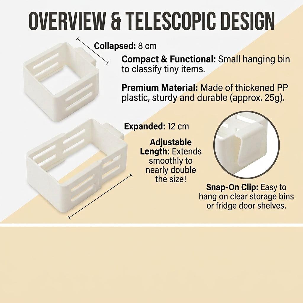 Adjustable Snap-On Hanging Organizer Bin, Expandable Mini Storage Box for Fridge Side Door, Pantry, Cosmetics, Medicine & Office Supplies